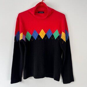 vintage multicolor preppy argyle plaid print merino wool cashmere knit sweater